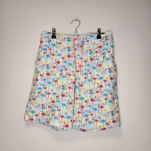 Johnnie-O Flamingos Swim Trunks Mens S Pipeline Pink Blue Yellow Lined Colorful